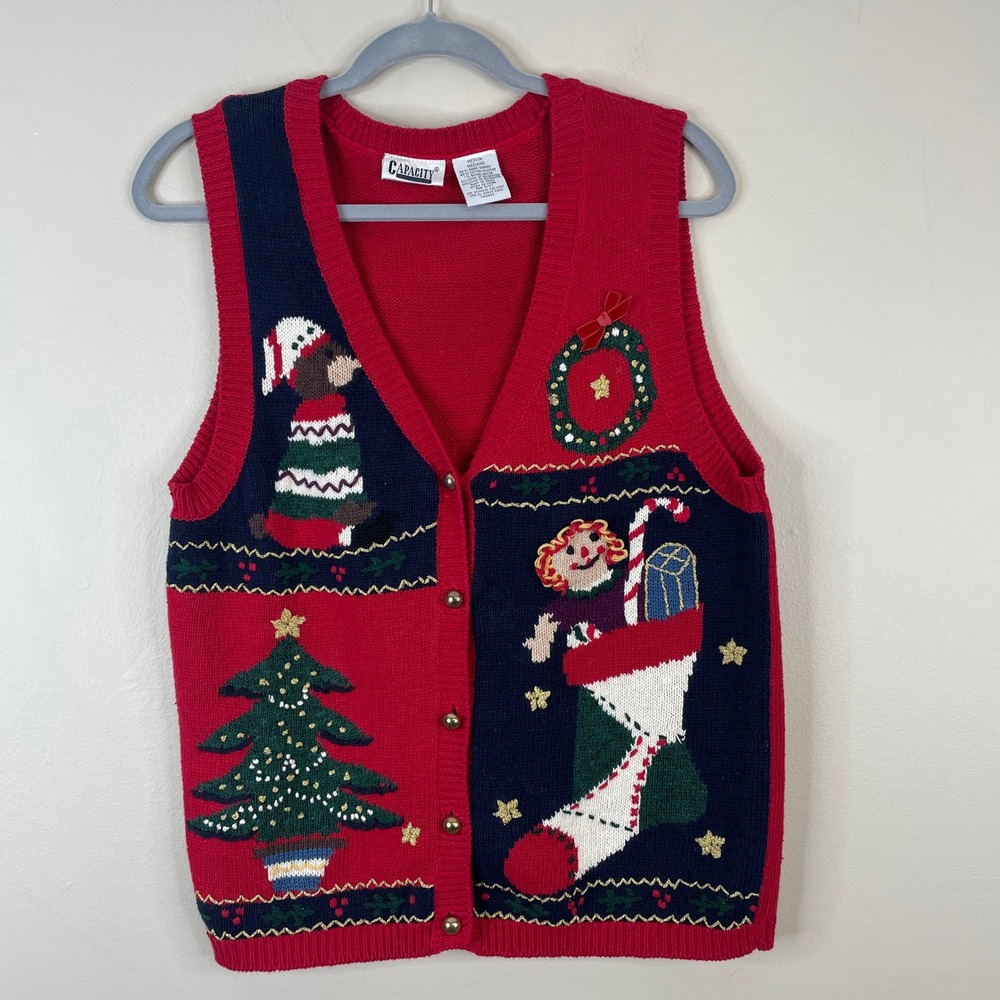 Vintage Capacity Christmas Sweater Vest Medium Embroidered Toys Bear Holiday 80s